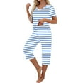 thumbnail image 4 of CLOISE Sleep Sets for Women 2-Piece Comfort Short Sleeve Sleepwear Tees and Comfortable Capri Pants with Pockets Loungewear Sets Soft Striped Printed Fashion Night Clothes, 4 of 7