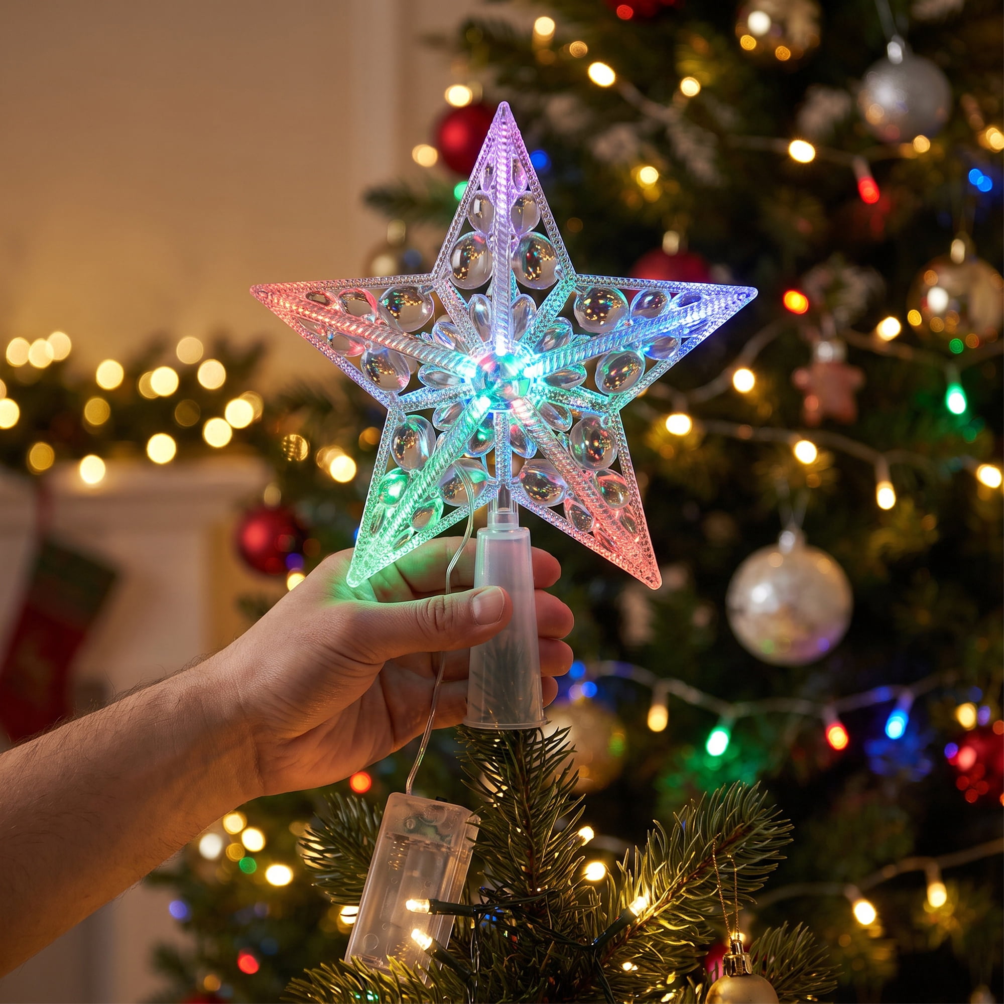 Unique Bargains Tree Finial Battery Operated Spring Mount Star Multicolor Lights 5.9"