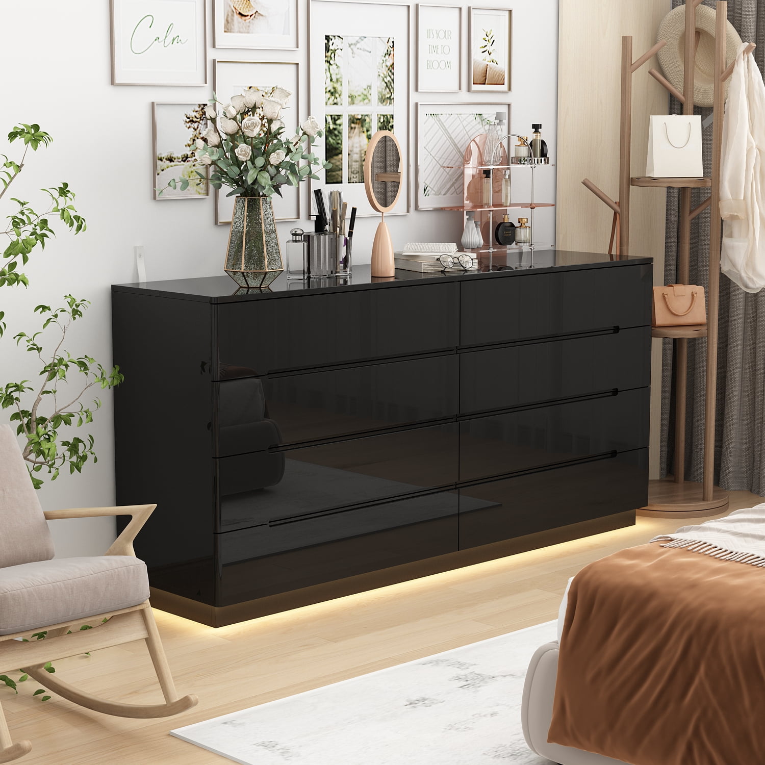 WIAWG High Gloss Dresser with Lights, Modern Glossy 8 Drawer Dresser with Curved Edge for Bedroom Black