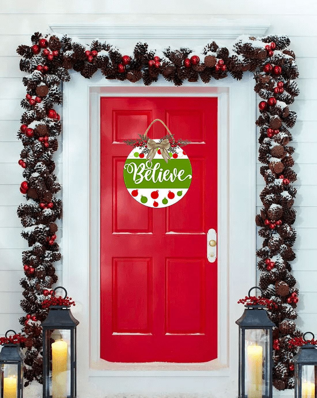 Eveokoki Believe Door Hanging Sign 12 inch Wooden Wall Sign, Rustic Holiday Wreath Decor for Front Door Porch Home Window Wall Farmhouse Decorations