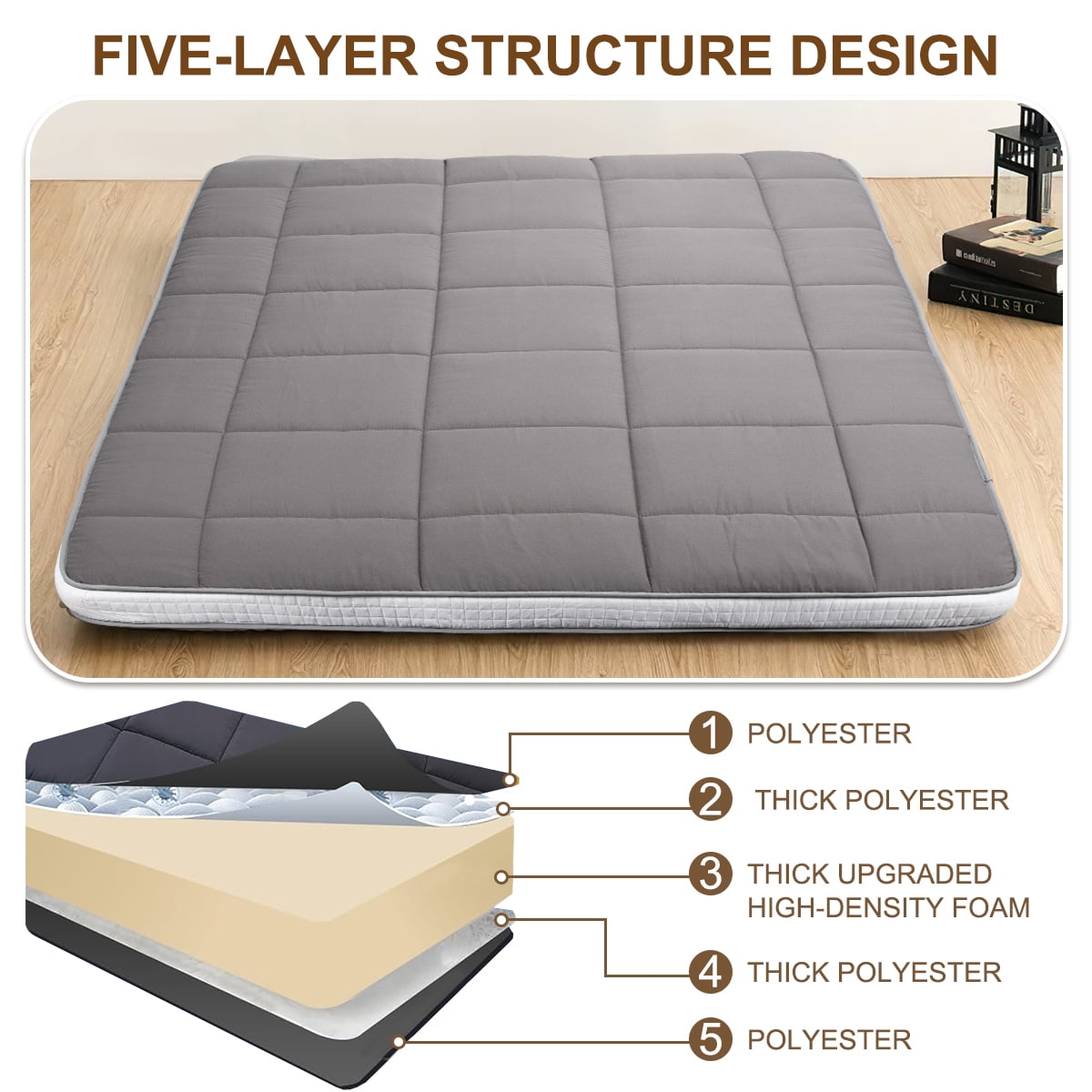 CshidWorld Japanese Floor Mattress, Futon Mattress w/Storage Bag & Washable Cover, Roll up Floor Mattress 4” Thick Tatami Mattress Quilted Bed Mattress Topper for Dorm, Guest Room, Gray, Queen