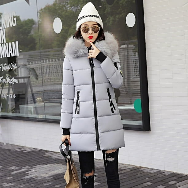 Chaqueta de algodón para mujer, talla mediana a larga, chaqueta de algodón para mujer de talla grande con cuello de piel grande y chaqueta de abrigo de algodón grueso