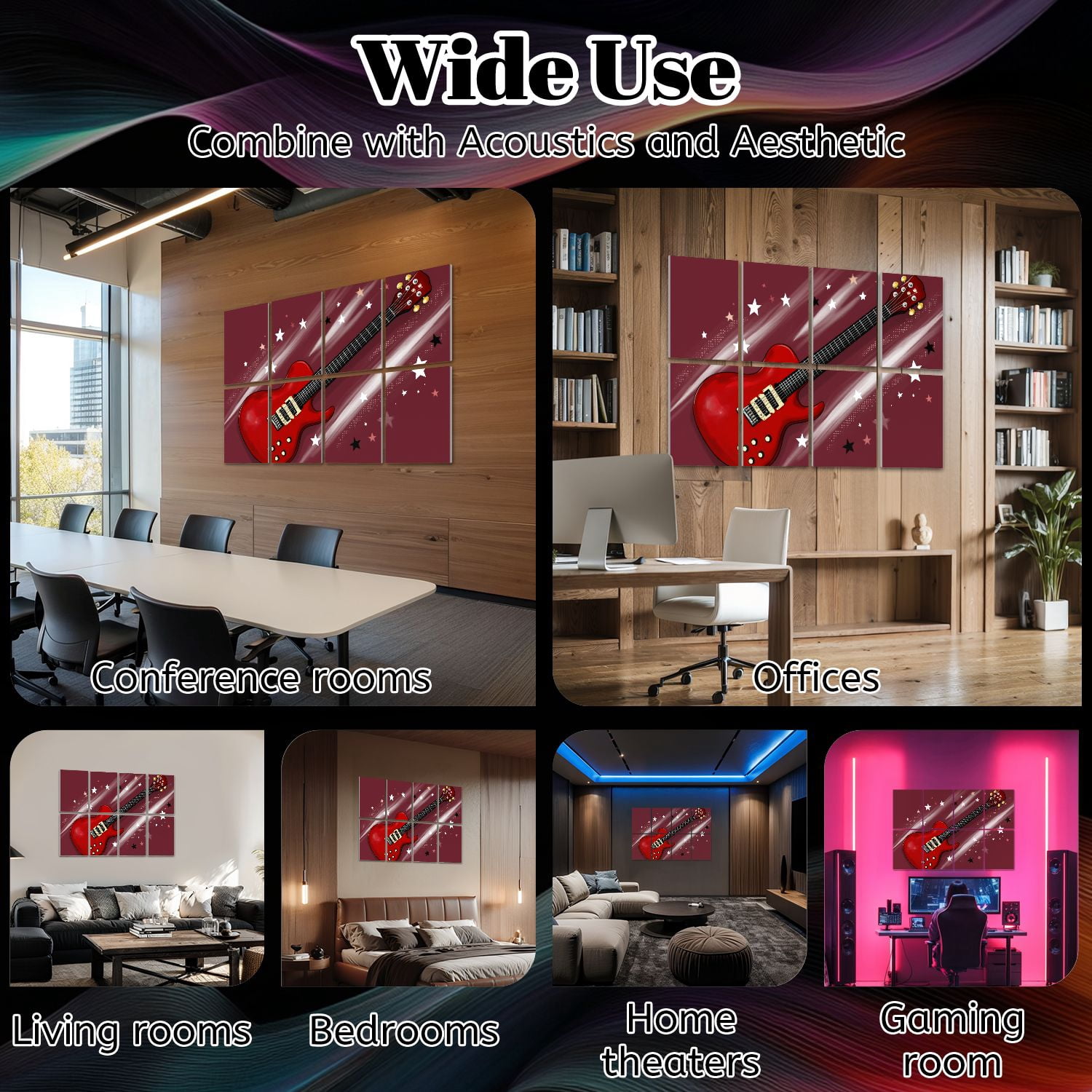 Musical 8 Pack Art Acoustic Panels Sound Absorbing Red Electric Guitar Stars Dynamic Light Streaks Decorative Soundproof Wall Panels Self Adhesive for Nursery Game Room Music Classroom 48"x32"