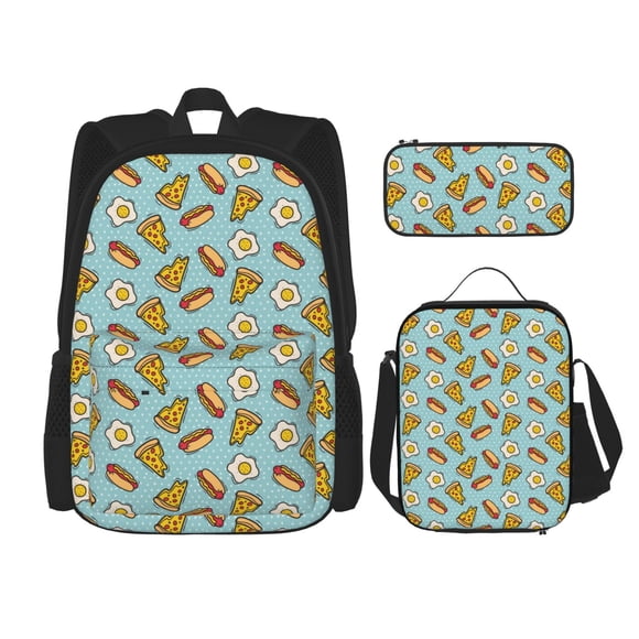 Disketp Hot Dog Pizza Mochila Estampada de Gran Capacidad con Lonchera y Estuche, Set de 3 Piezas para Estudiantes