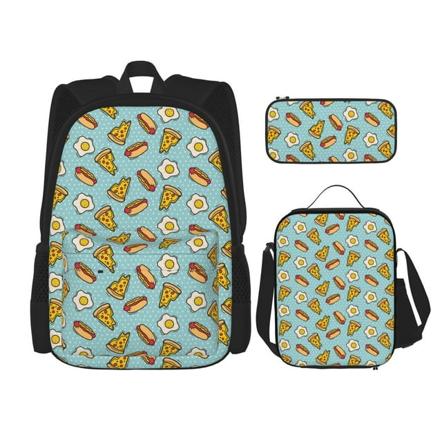 Vsdgher Hot Dog Pizza Print Large Capacity Backpack Lunch Bag Pencil Case Combination 3 Piece Set for Student