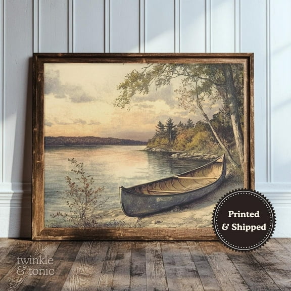 Vintage Boat Art Print Rustic Lakehouse Wall Dã©Cor Farmhouse Landscape Poster Moody Canoe Scene UNFRAMED Poster, Wall Art for Decor, Present, 8x12