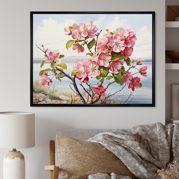 Designart "Beachside Apple Blossom I" Apple Blossom Floater Framed Wall Art Prints