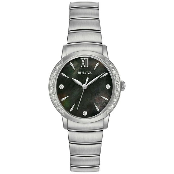 Bulova Women's Diamond Accents Black Dial Silver-Tone Bracelet 28mm Watch 96R213