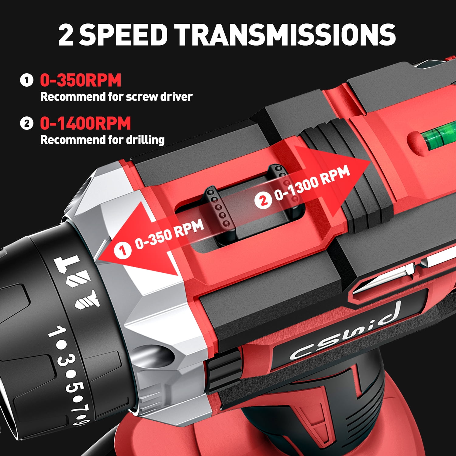 Cshidworld 20V Cordless Drill, Electric Power Drill Set with 2 Battery & Charger, 3/8" Keyless Chuck, 2 Variable Speed & LED Light, 266 In-lb Torque, 25+1 Position and 34pcs Drill/Driver Bits(Red)