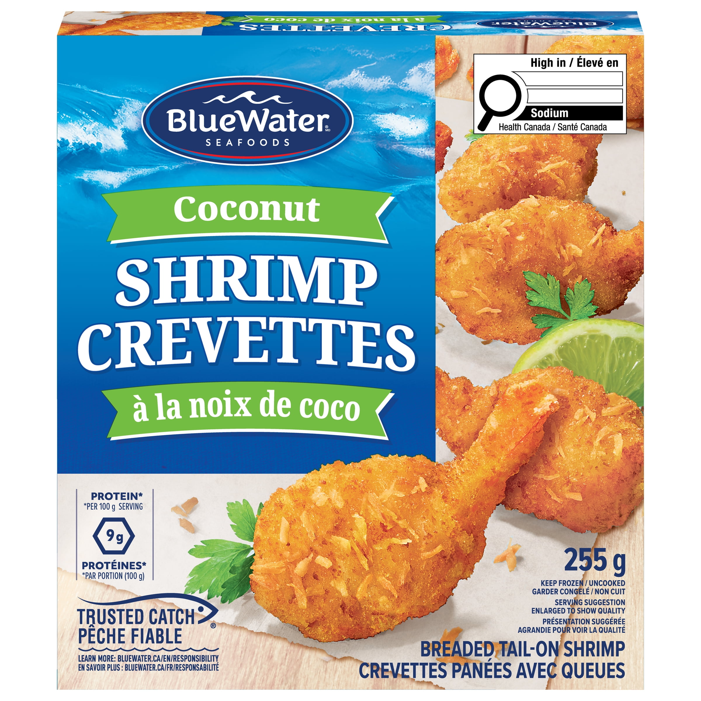 Crevettes À La Noix De Coco BlueWater Seafoods, Crevettes entières à, Panées avec une chapelure Panko croustillante, Congelé, Emballage de 255 g Crevettes à la noix de coco croustillantes avec chapelure Panko
