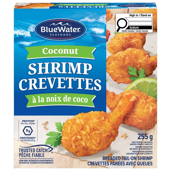 Crevettes À La Noix De Coco BlueWater Seafoods, Crevettes entières à, Panées avec une chapelure Panko croustillante, Congelé, Emballage de 255 g Crevettes à la noix de coco croustillantes avec chapelure Panko