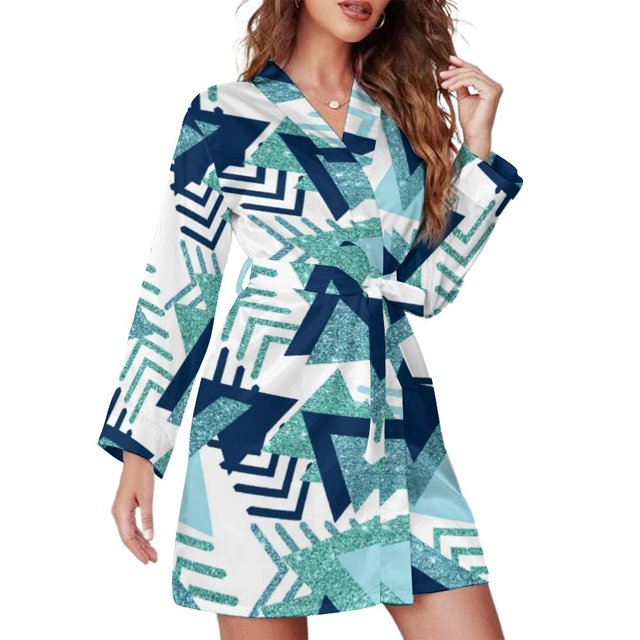 Mid-Century Print Pajama Robe V Neck Abstract Turquoise Retro Sleepwear Lady Long Sleeve Soft Pajamas Robes Spring Room Dresses
