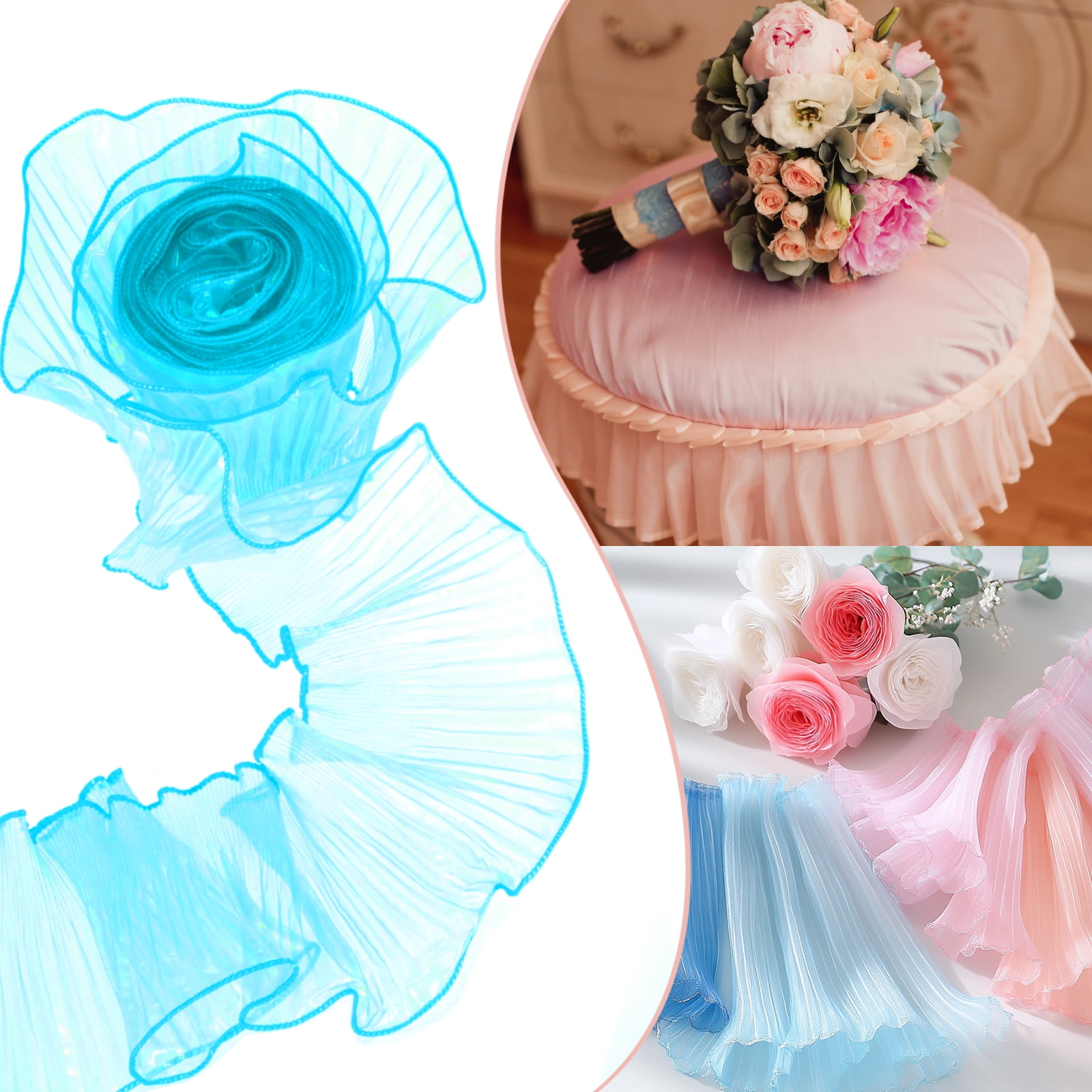 Uxcell 5.5" x 11 Yards Ruffle Pleated Organza Trim Iridescent Pleated Lace Trim Ribbon for DIY Craft Dress Clothing Wedding Gift Home Decoration,  Lake Blue