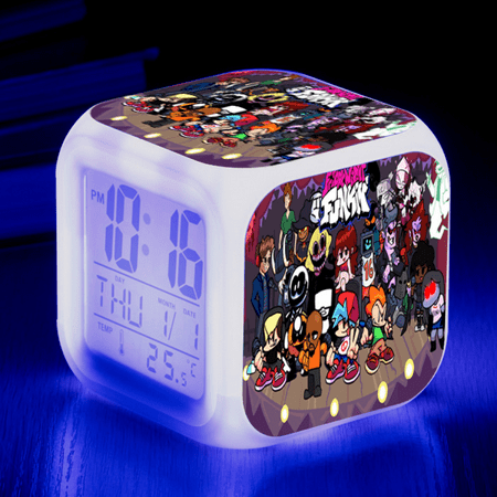 

JUSTUP Digital Alarm Clock for Bedroom LED Digital Bedroom Alarm Clock Easy Setting Cube Wake up Clocks with 3 Sided Friday Night Funkin Pattern Soft Nightlight Large Display Ascending Sound