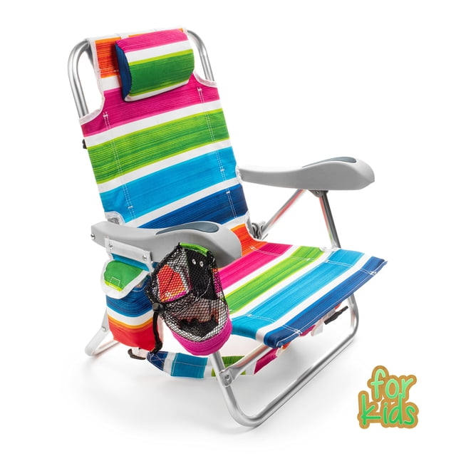 Homevative Mochila plegable para niños, silla de playa con 4 posiciones, asa de transporte, bolsa de almacenamiento, portavasos y soporte para teléfono, diseño liviano