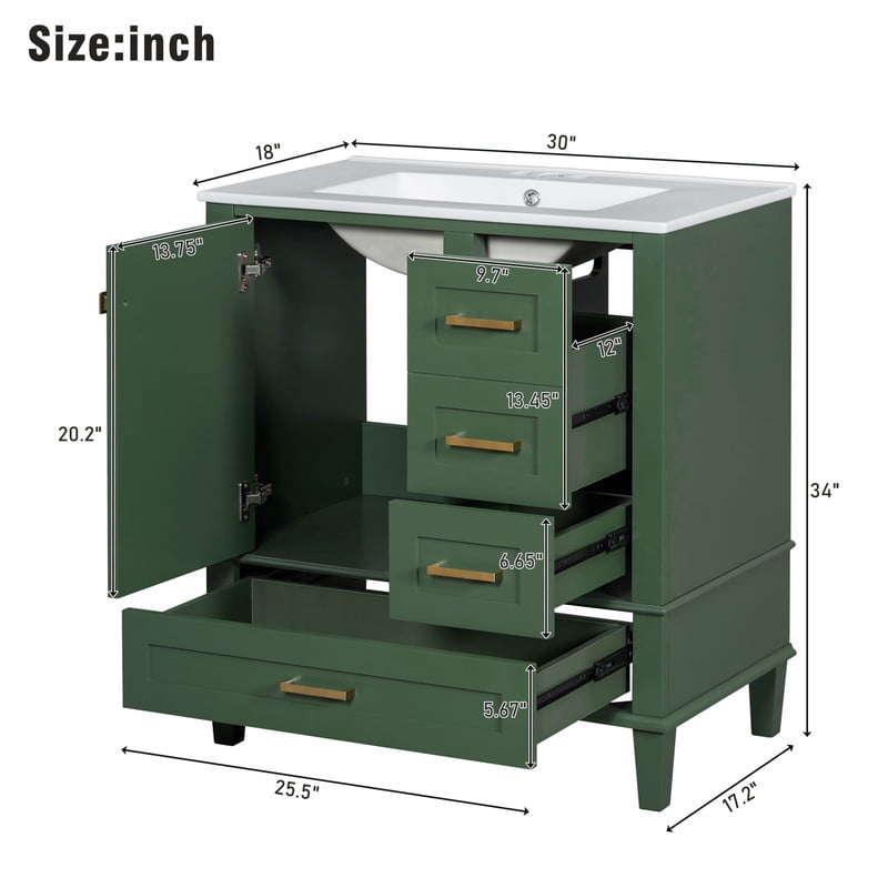 30" bathroom vanity with sink, Bathroom Vanities 30 Inch with Top, Single Sink Bathroom Vanity with 3 Drawers and 1 Soft Closing Door, 30 Restroom Vanity with Cuntertop Sink (Green)