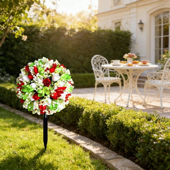 Artificial Boxwood Topiary Ball Tree Outdoor ,UV Resistant Fake Topiary Balls Flowers with Spike, with Ground Spike for Front Porch Planters Patio Garden Yard Decor