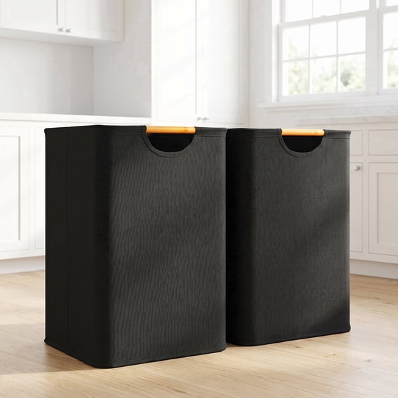 Wuxiuli Collapsible Canvas Laundry Basket Bamboo Handle Black,100L (26.4 Gal),2 Pack