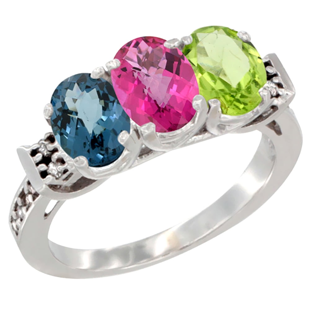 10K White Gold Natural London Blue Topaz, Pink Topaz & Peridot Ring 3-Stone Oval 7x5 mm Diamond Accent, sizes 5 10 by WorldJewels
