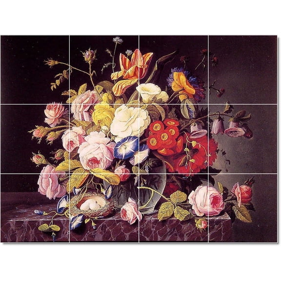 Ceramic Tile Mural-Severin Roesen Flowers Tile Mural Modern Floor Art 17" w x 12.75" h using (12) 4.25 x 4.25 ceramic tiles