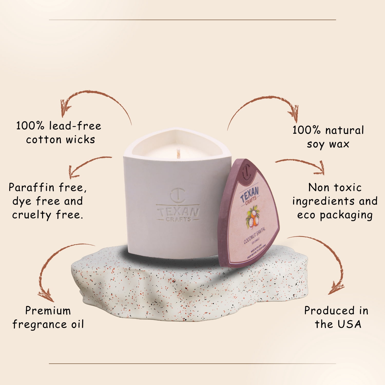Texan Crafts Coconut Santal Container Candle, Mica Collection, 100% Natural Soy Wax, Hand Crafted, Decorative Jar