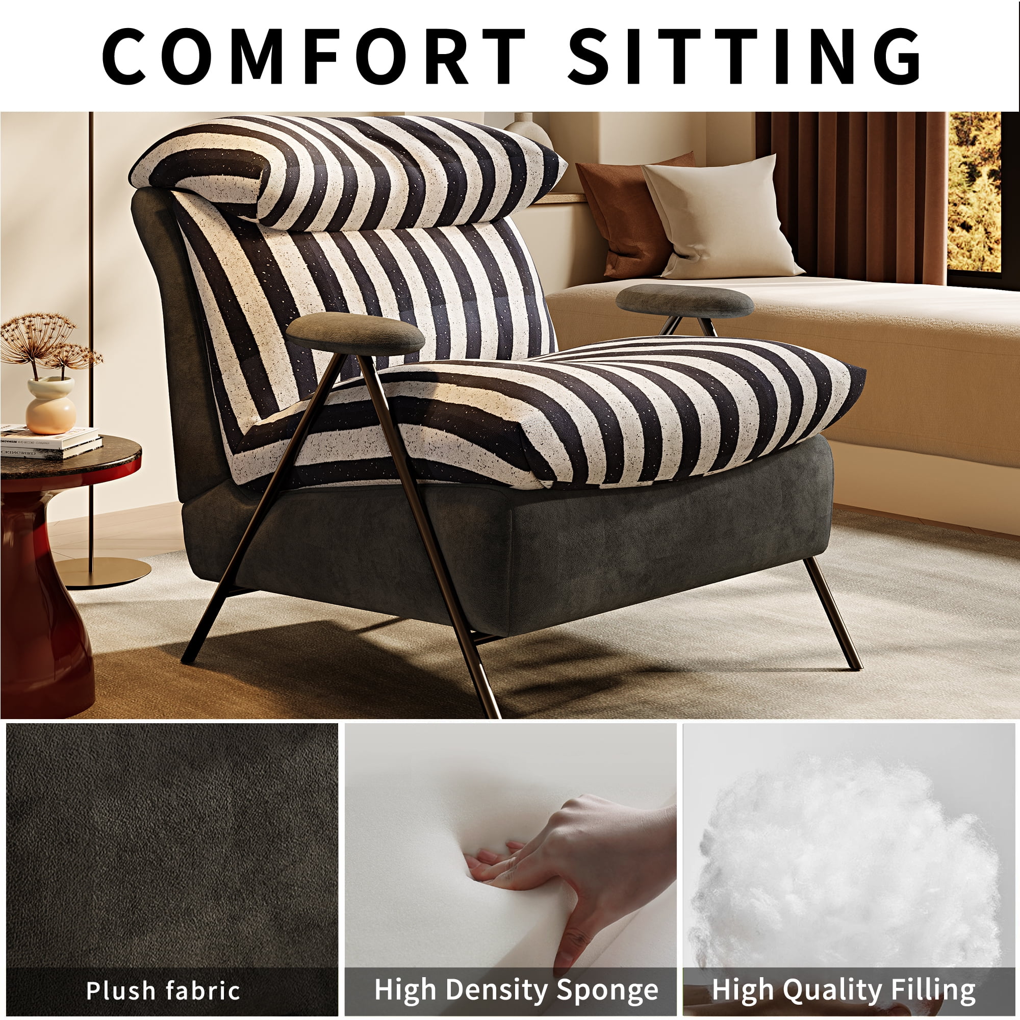 Howcool Modern Upholstered Accent Chair,Armchair with Wide Cushioned Seat,Ergonomic Lounge Chair with Solid Wood Frame for Living Room,Bedroom,Grey striped