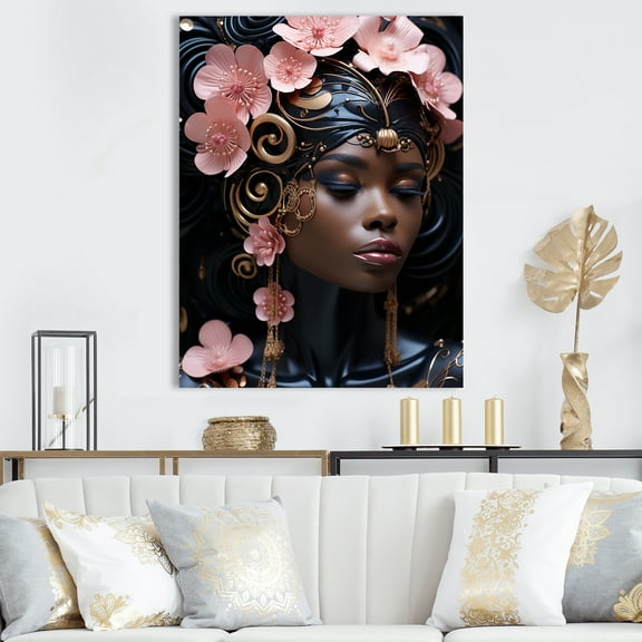 Designart "Elegance of African American in Rosegold" Fashion Canvas Wall Art - Glam Pink Woman African American Living Room Canvas Art