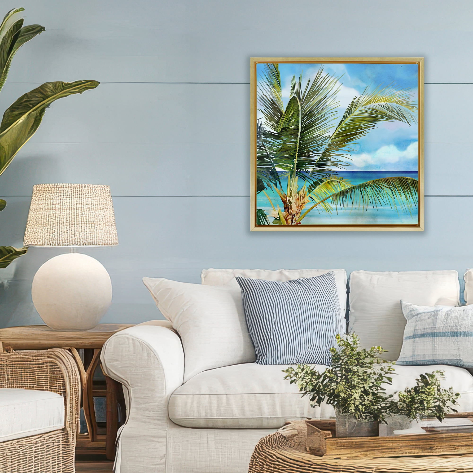 Stupell Industries Lush Palm Watercolor View Gold Framed Floater Canvas Wall Art, design by Mauro Devereaux