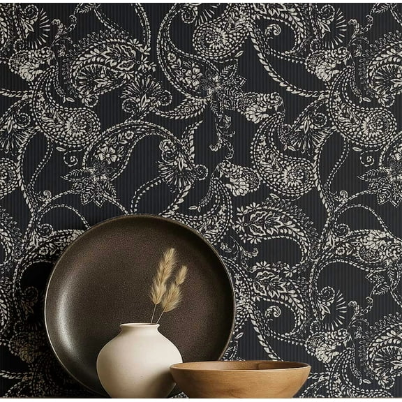 S4Sassy Peel & Stick Vinyl Wallpaper, Paisley Print Wall Paper Contact Paper Waterproof - Gray, 25"x120", Removable Asian Style Covering for Home Decor in Bedrooms & Living Areas