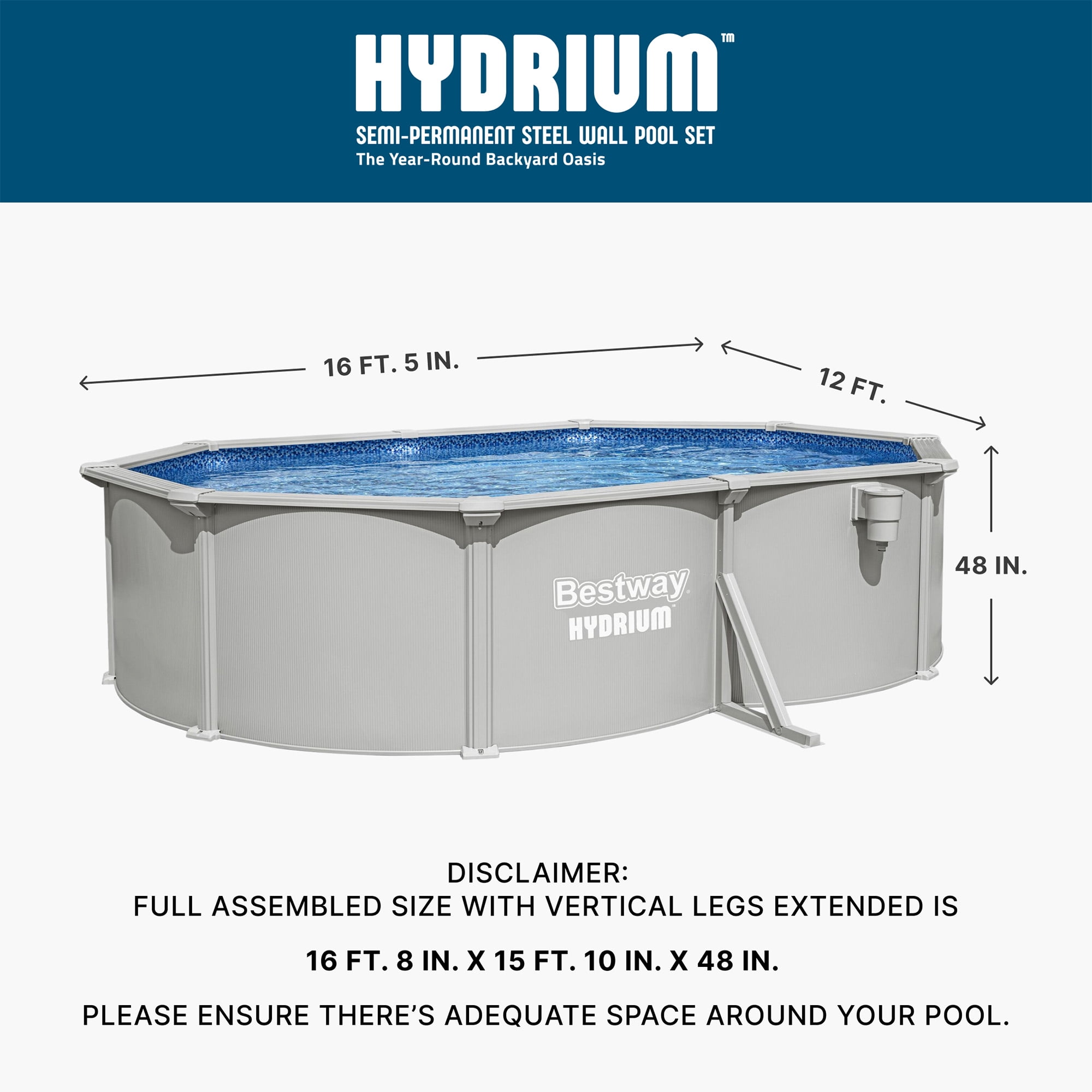 Bestway Hydrium 16'5" x 12' x 48" Steel Side Wall Above Ground Pool w/ Sand Pump & Accessories