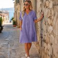 thumbnail image 4 of Joernso Summer Short Sleeve Dress for Women, Casual Button Up V Neck A-line Dress, Flowy Beach Vacation Sundress with Pockets, 4 of 8