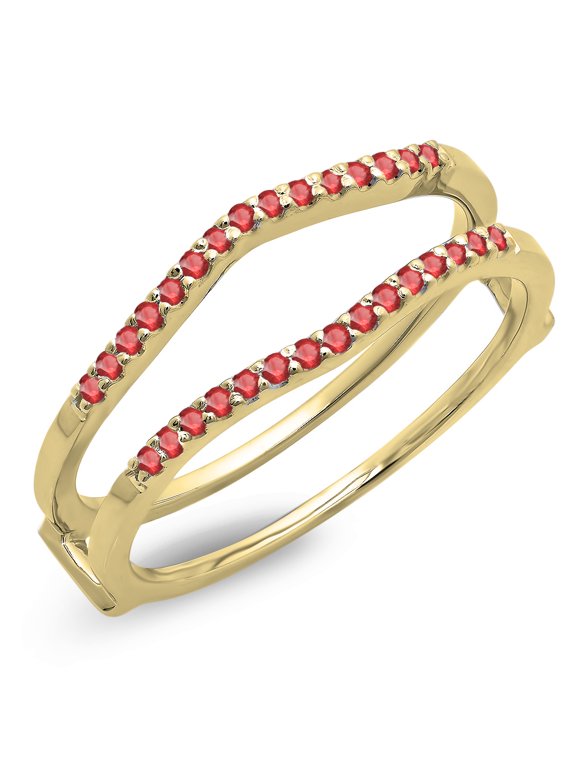 Collection 0.18 Carat (ctw) 14K Round Ruby Ladies Wedding Band Enhancer Guard Double Ring, Yellow Gold, Size 4