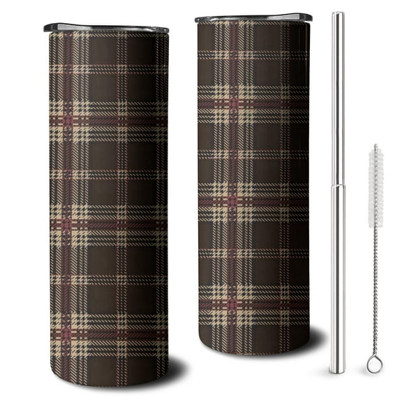 20oz Brown Beige Checkerboard Checkered Pattern Skinny Tumblers Stainless Steel Tumbler with Lid and Straw,Vacuum Insulated Double Wall Travel Tumbler Cups with Cleaning Brush for Coffee,Tea