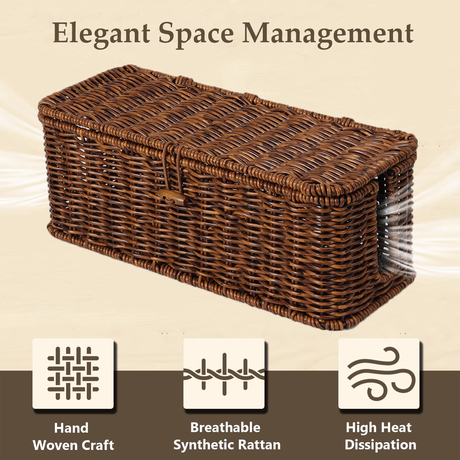 Cable Management Box  Rattan Style Cord Organizer For Desk Hider Outlet Covers Proofing Power Strip Tv Pc Router Under Storage With Lockable Lid And Ties