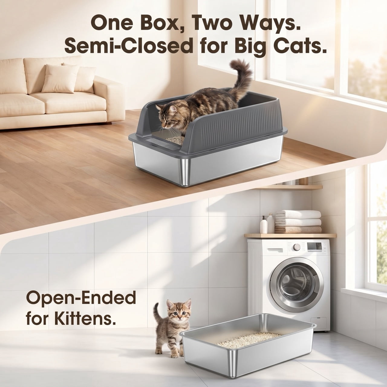 DURAMOXLQ XL Stainless Steel Cat Litter Box with High Sides, 23"x15" Large Metal Litter Pan for Big & Multi Cats, Odor Control, Open Top