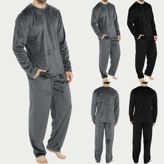 Men Pajamas Set Lightweight Flannel Soft Winter Warm Cozy Pjs Sleepwear Long Sleeve Pullover Lounge Pants Loungewear (Black, L)