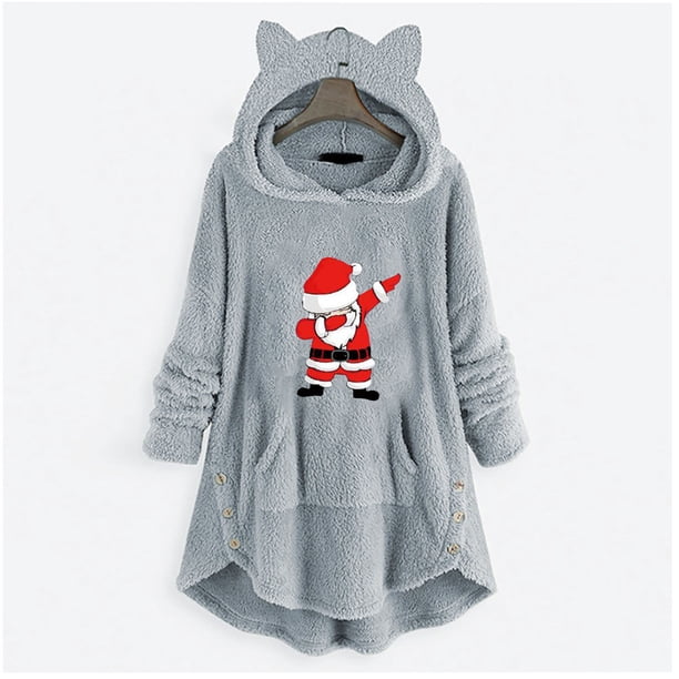 Puntoco Mujer Casual Navidad Impresión Botones De Felpa Manga Larga Con Capucha Abrigo De Felpa Top Puntoco Puntoco-4378