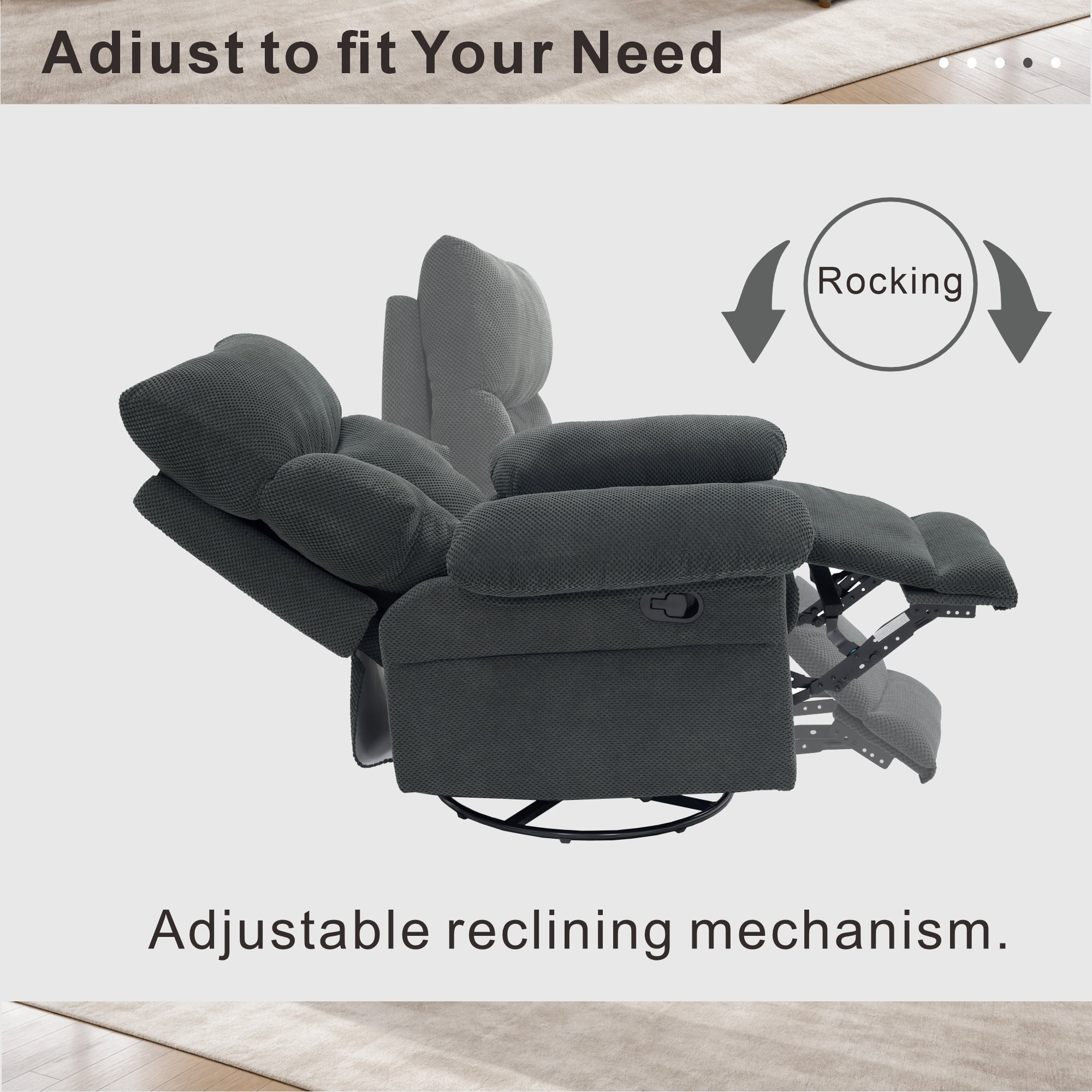 Leumius Swivel Rocker Recliner for Adults,360° Upholstered Glider Recliner Rocking Chair for Nursery,Manual Recliner Chair for Living Room, Bedroom,Dark Gray