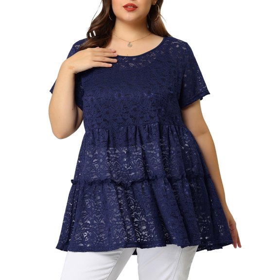 Unique Bargains Women's Plus Tunic Tiered Lace Round Neck Short Sleeve Peplum Tops 1X Navy