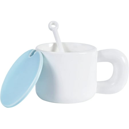 

JLMMEN STORE Ceramic Coffee Mug Simple Household Mug with Lid Spood for Office and Home Dishwasher and Microwave Safe 10 oz/300 ml for Latte Tea Milk (Light Blue)