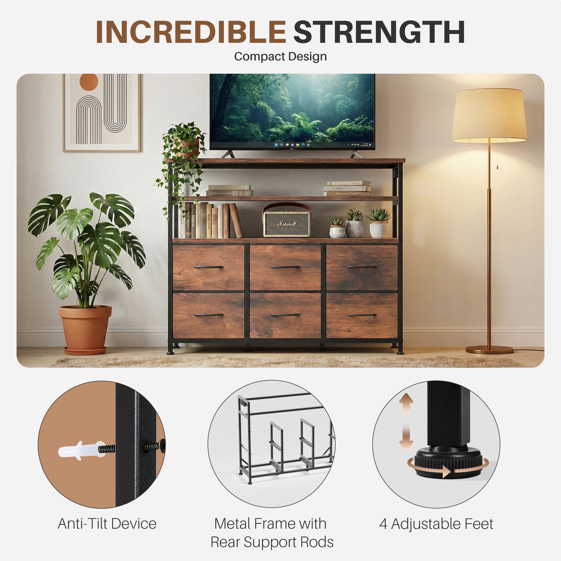 EDX 6-Drawer Fabric Dresser with Power Outlets and LED Light, TV stand for Bedroom, Living Room, Hallway, Rust
