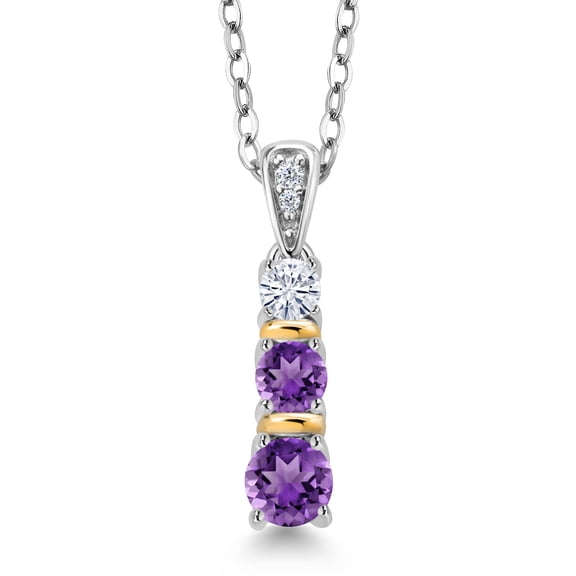 Gem Stone King 925 Silver and 10K Yellow Gold Round Purple Amethyst and White Moissanite Pendant Necklace for Women (0.51 Cttw, Gemstone February Birthstone, with 18 inch Chain)