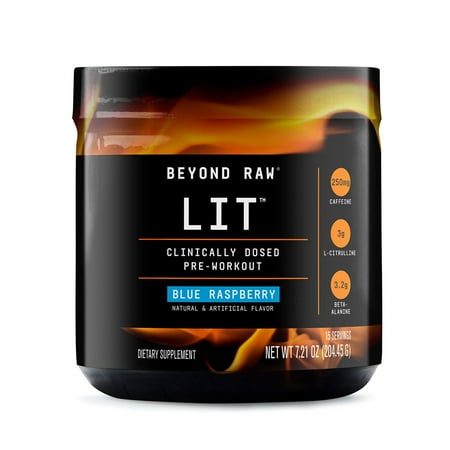 Beyond Raw LIT PreWorkout Powder Supplement For Men and Women, Energy, Focus, Endurance, Pumps, Nitric Oxide Boost, 250mg Caffeine, Creatine, Beta Alanine, Blue Raspberry, 15 Servings