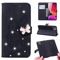 Glitter Retro Butterfly Embossed Case for iPhone 13 2021, Allytech Folio PU Leather with Soft TPU Bumper Shock Resistant Flip Stand Book Style Wallet Cover for iPhone 13 6.1", Black