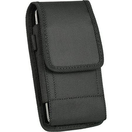 For ZTE ZMax (T-mobile) Ultra Rugged Black V Holster Case Nylon Pouch Velcro Flap with Built in Steel Metal Belt Clip + Carabiner Hook