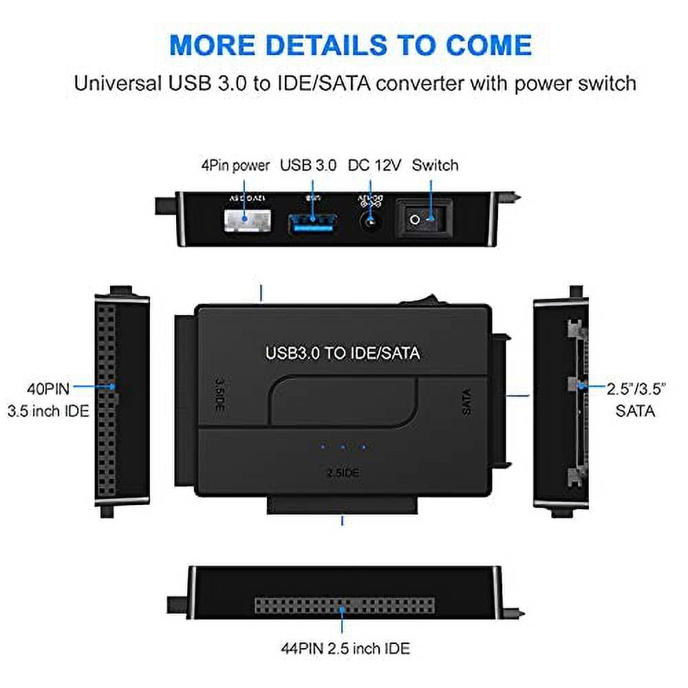 ENTSASMO Black USB 3.0 to SATA IDE Hard Drive Reader External Hard Drive Ultra Recovery Converter Universal Hard Drive Adapter Kit for 2.5/3.5 HDD/SSD Hard Drive Disk, Include 12V/2A Power Adapter