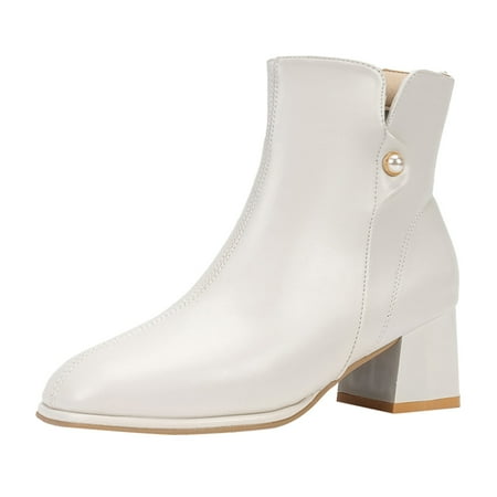 Fauean Womens Ankle Boots Ladies Autumn Fashion Round Toe Fall Shoes with Side Zipper White Size 40