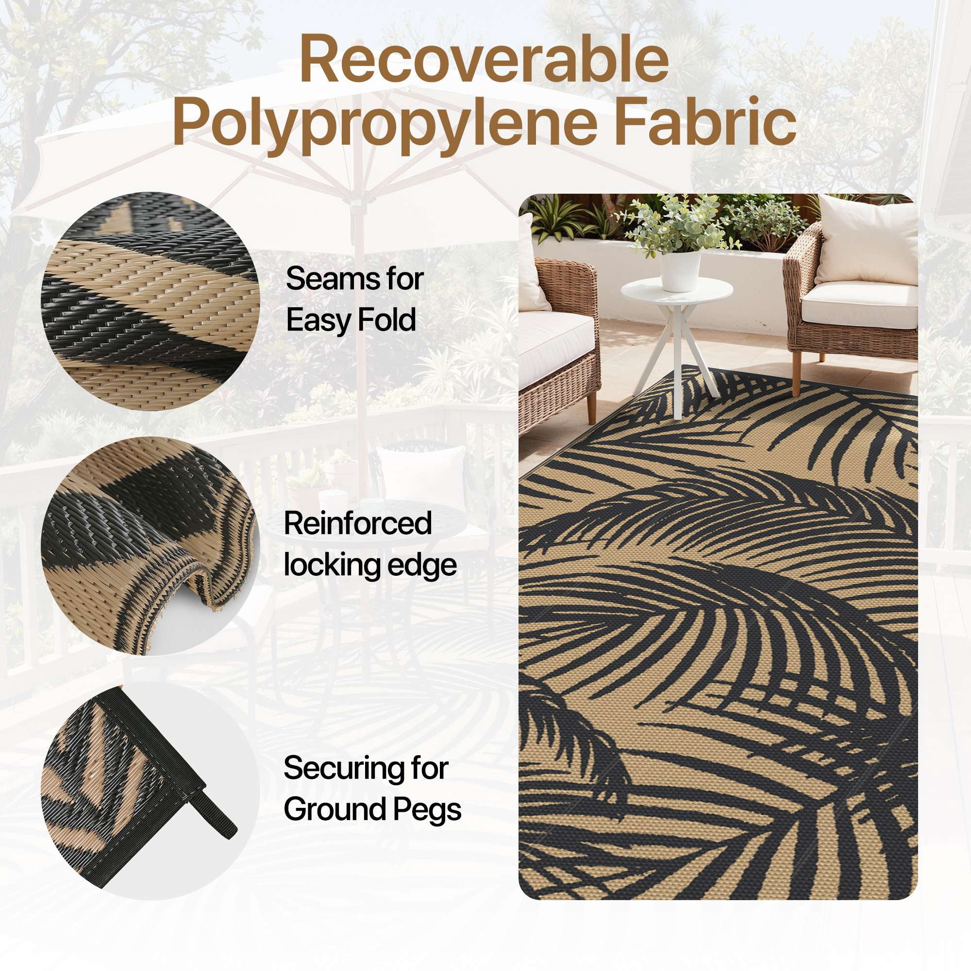 DEORAB 5'x8' Outdoor Rugs Waterproof Patio Reversible Plastic Straw Carpet Camping Outside Mat For Garden Balcony Camping Porch, Black & Brown