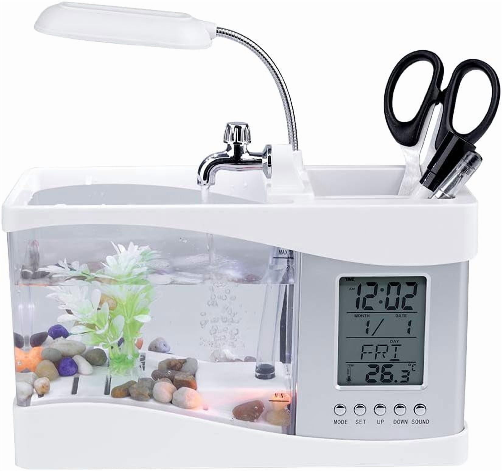 USB Rechargeable Mini Fish Tank with LED Clock Temp Display, Black White, (White)