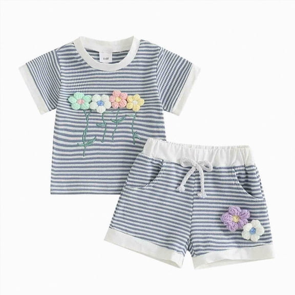 enyan Toddler Baby Girl Outfits Floral Summer Clothes Infant Spring Waffle Short Sleeve Shirt Tops Cute Shorts Set Light Blue,4-5 Years